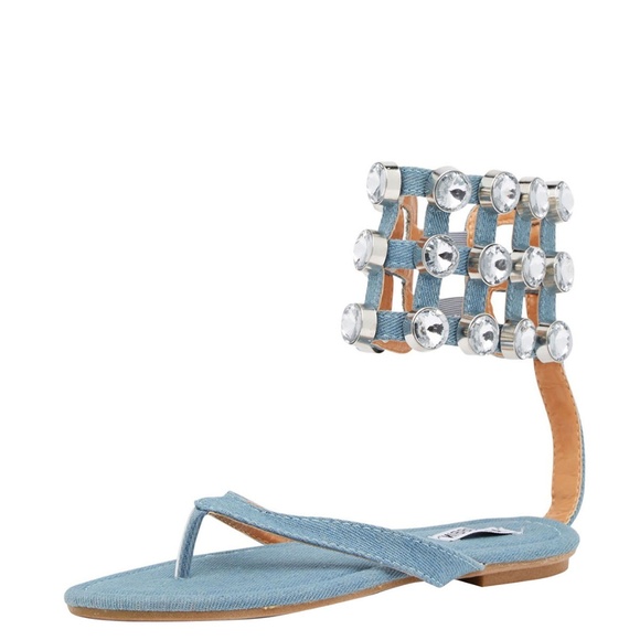 New🔥Denim Thong Open Toe Rhinestone Cuff Ankle Strap Gladiator Sandal FREE Gift - Picture 3 of 5